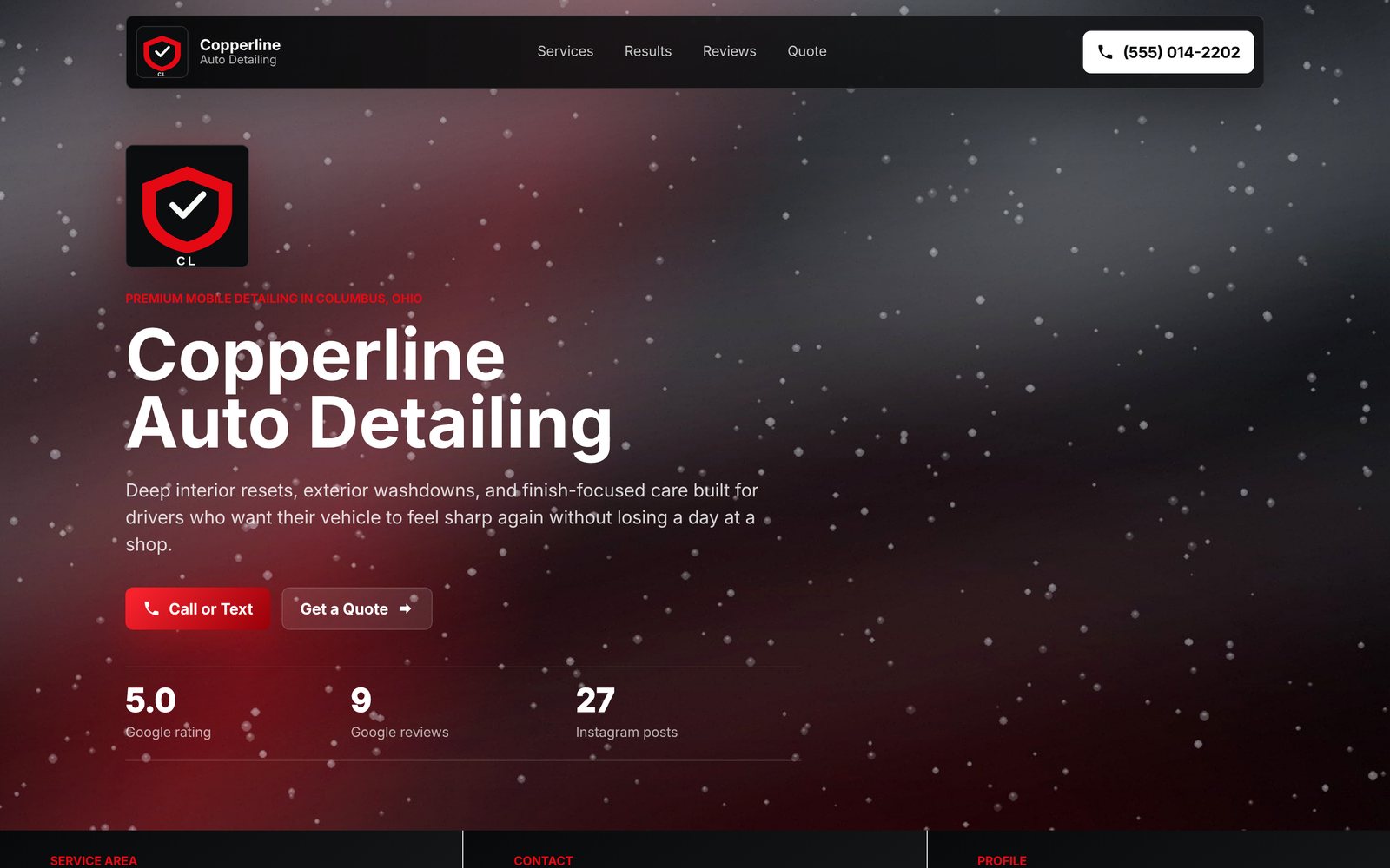 Copperline Auto Detailing homepage on desktop