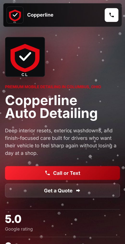 Copperline Auto Detailing homepage on a phone