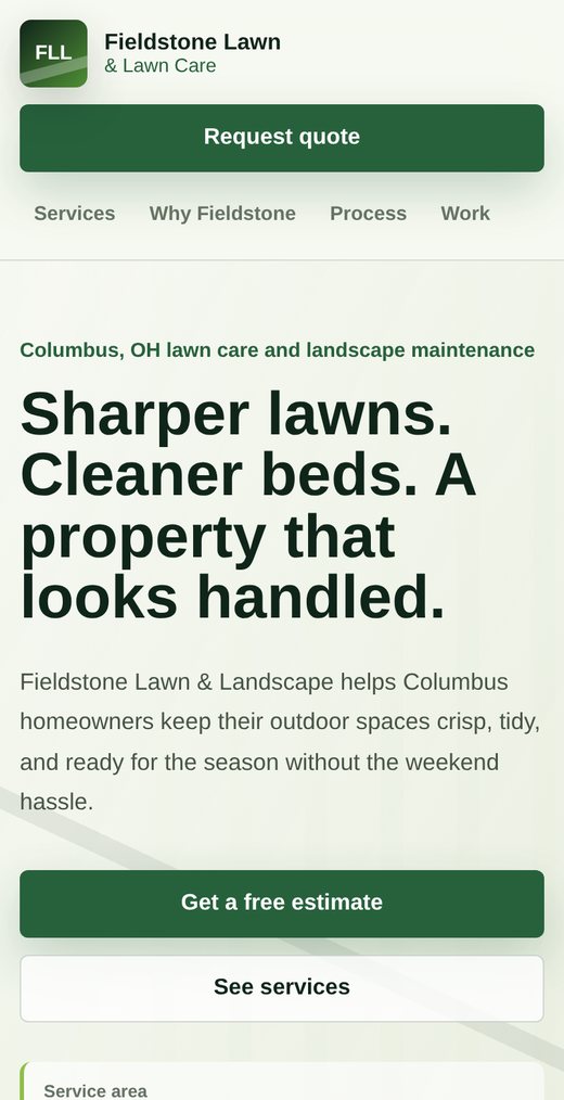 Fieldstone Lawn and Landscape homepage on a phone
