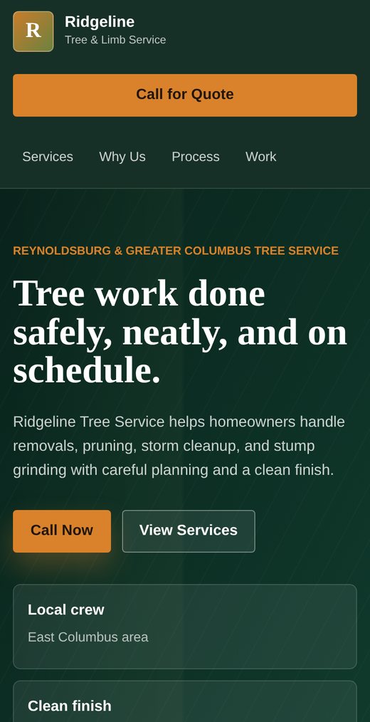 Ridgeline Tree Service homepage on a phone